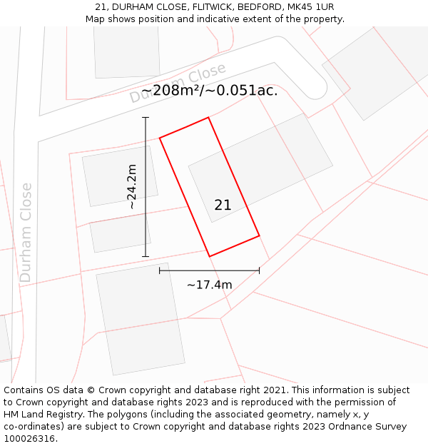 21, DURHAM CLOSE, FLITWICK, BEDFORD, MK45 1UR: Plot and title map