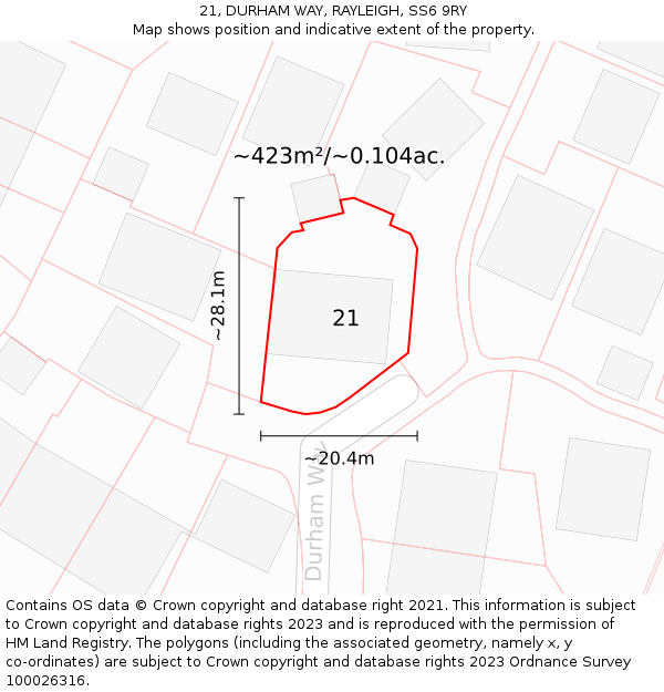 21, DURHAM WAY, RAYLEIGH, SS6 9RY: Plot and title map