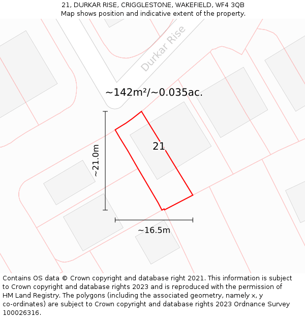 21, DURKAR RISE, CRIGGLESTONE, WAKEFIELD, WF4 3QB: Plot and title map