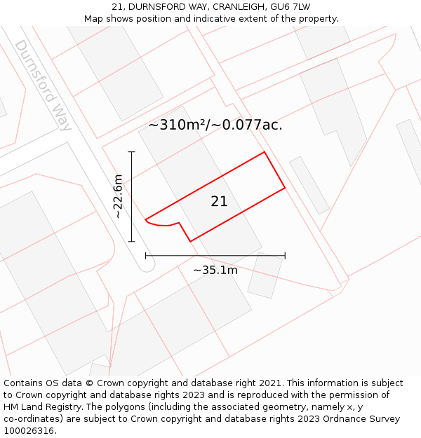 21, DURNSFORD WAY, CRANLEIGH, GU6 7LW: Plot and title map