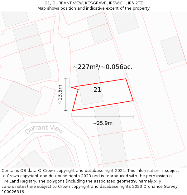 21, DURRANT VIEW, KESGRAVE, IPSWICH, IP5 2TZ: Plot and title map
