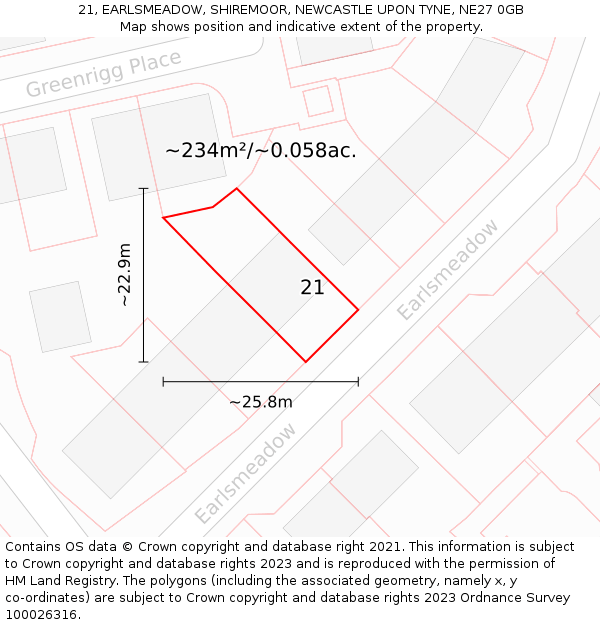 21, EARLSMEADOW, SHIREMOOR, NEWCASTLE UPON TYNE, NE27 0GB: Plot and title map