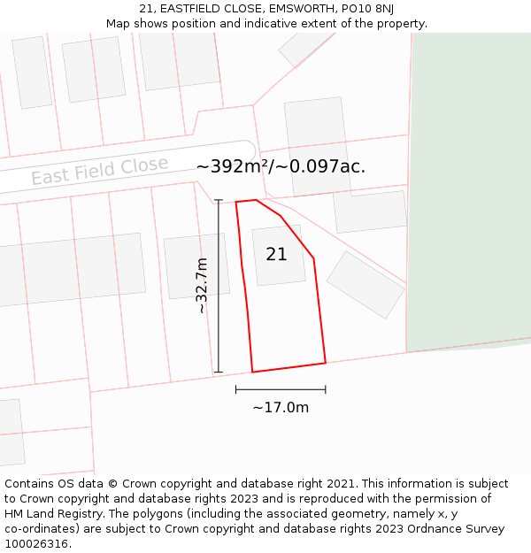 21, EASTFIELD CLOSE, EMSWORTH, PO10 8NJ: Plot and title map