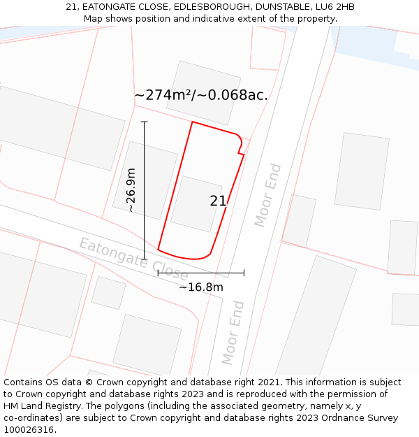21, EATONGATE CLOSE, EDLESBOROUGH, DUNSTABLE, LU6 2HB: Plot and title map