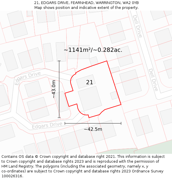 21, EDGARS DRIVE, FEARNHEAD, WARRINGTON, WA2 0YB: Plot and title map