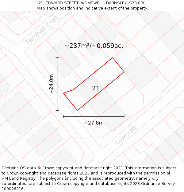 21, EDWARD STREET, WOMBWELL, BARNSLEY, S73 0BH: Plot and title map