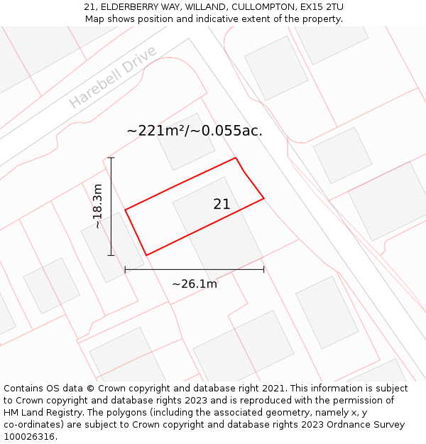 21, ELDERBERRY WAY, WILLAND, CULLOMPTON, EX15 2TU: Plot and title map