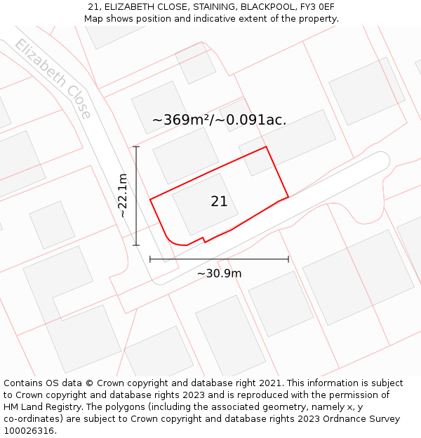 21, ELIZABETH CLOSE, STAINING, BLACKPOOL, FY3 0EF: Plot and title map
