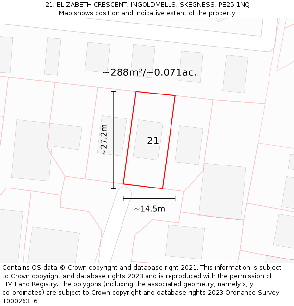 21, ELIZABETH CRESCENT, INGOLDMELLS, SKEGNESS, PE25 1NQ: Plot and title map
