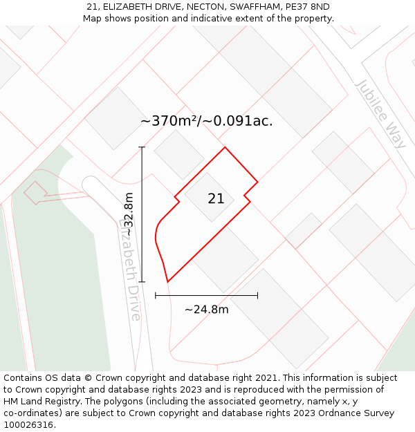 21, ELIZABETH DRIVE, NECTON, SWAFFHAM, PE37 8ND: Plot and title map