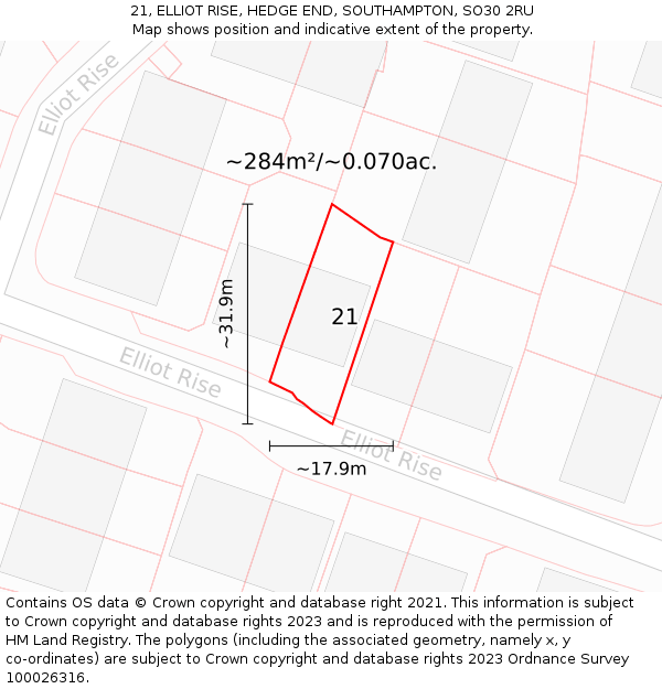 21, ELLIOT RISE, HEDGE END, SOUTHAMPTON, SO30 2RU: Plot and title map