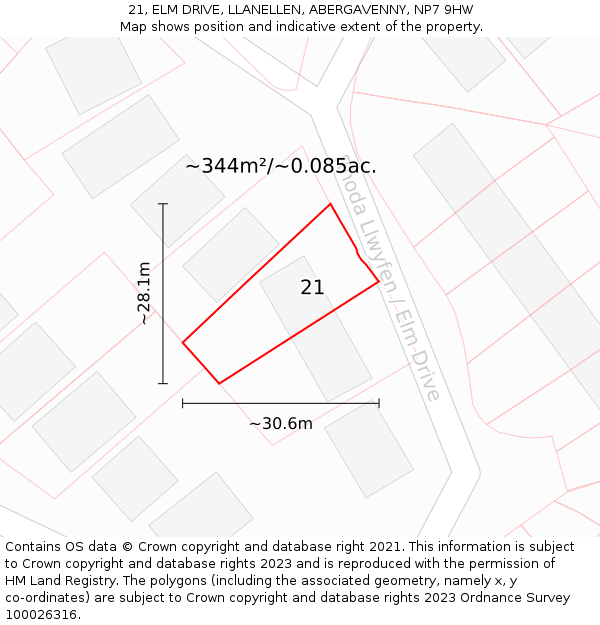 21, ELM DRIVE, LLANELLEN, ABERGAVENNY, NP7 9HW: Plot and title map