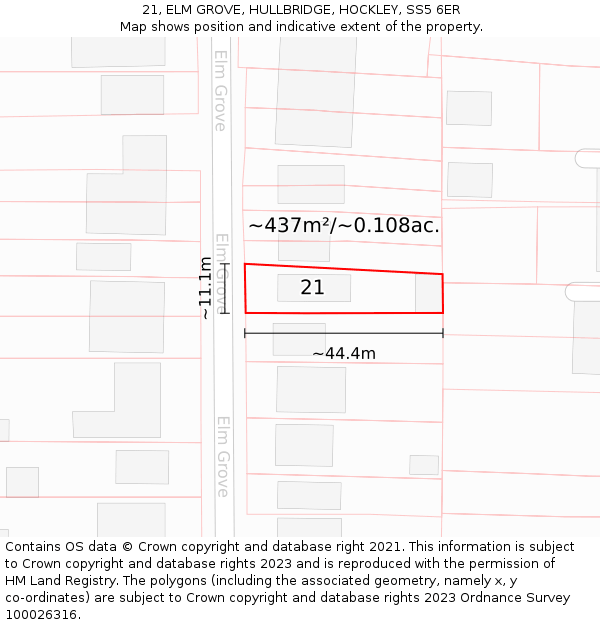 21, ELM GROVE, HULLBRIDGE, HOCKLEY, SS5 6ER: Plot and title map