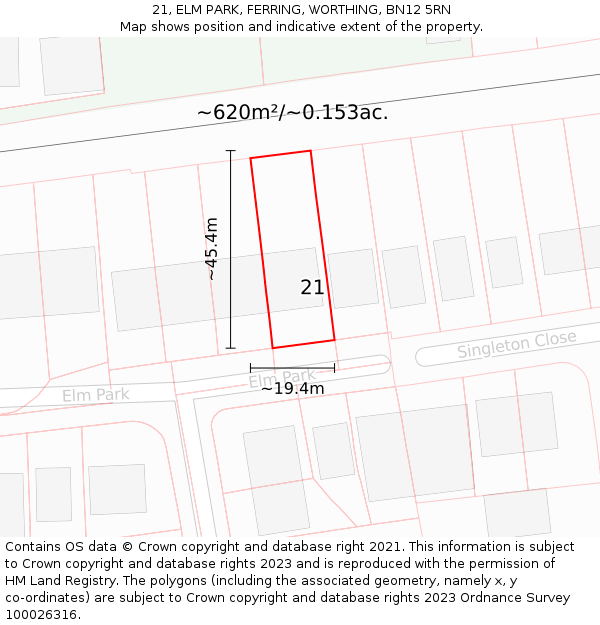 21, ELM PARK, FERRING, WORTHING, BN12 5RN: Plot and title map
