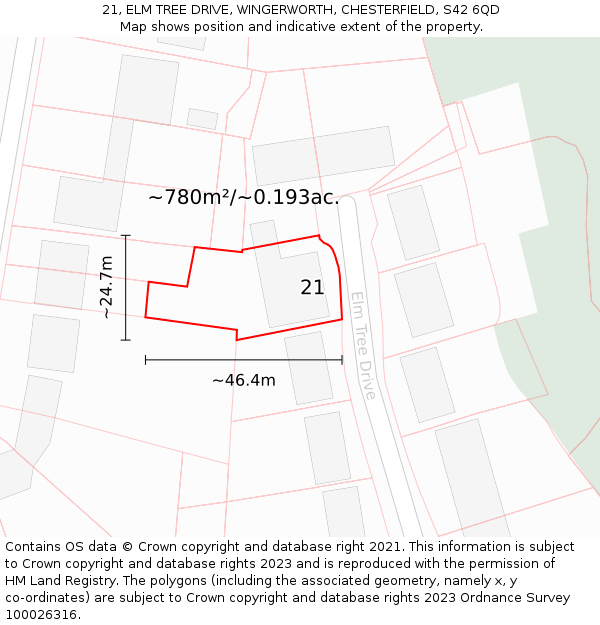 21, ELM TREE DRIVE, WINGERWORTH, CHESTERFIELD, S42 6QD: Plot and title map