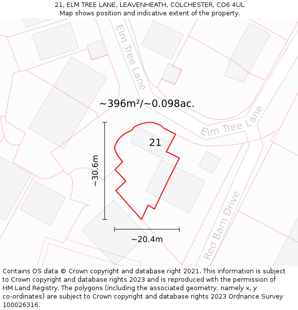 21, ELM TREE LANE, LEAVENHEATH, COLCHESTER, CO6 4UL: Plot and title map