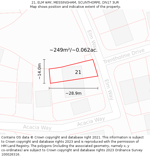 21, ELM WAY, MESSINGHAM, SCUNTHORPE, DN17 3UR: Plot and title map