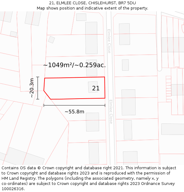 21, ELMLEE CLOSE, CHISLEHURST, BR7 5DU: Plot and title map