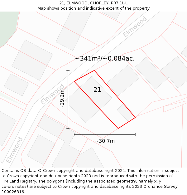 21, ELMWOOD, CHORLEY, PR7 1UU: Plot and title map