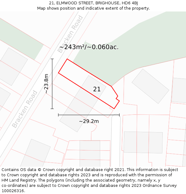 21, ELMWOOD STREET, BRIGHOUSE, HD6 4BJ: Plot and title map