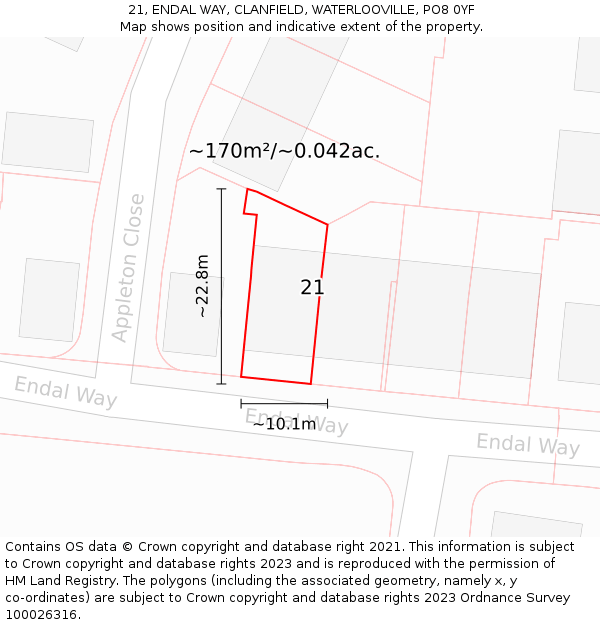 21, ENDAL WAY, CLANFIELD, WATERLOOVILLE, PO8 0YF: Plot and title map