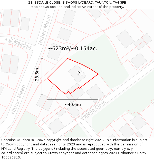 21, ESDAILE CLOSE, BISHOPS LYDEARD, TAUNTON, TA4 3FB: Plot and title map