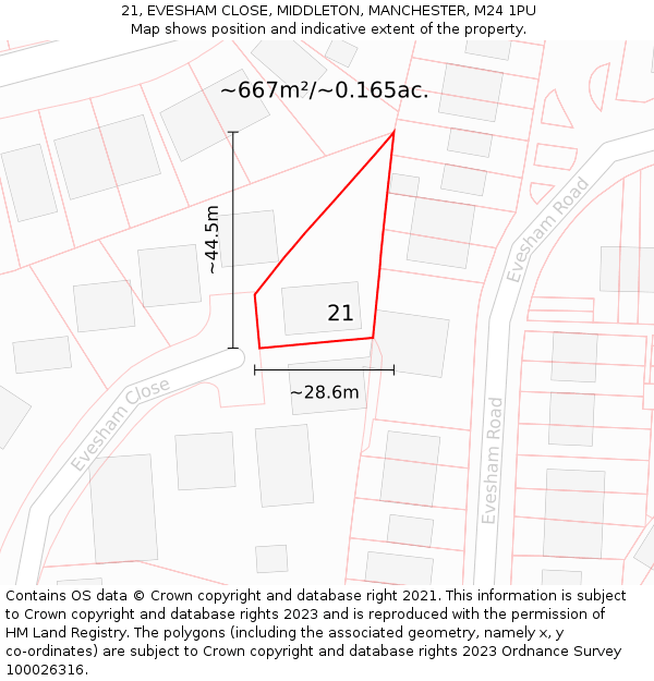 21, EVESHAM CLOSE, MIDDLETON, MANCHESTER, M24 1PU: Plot and title map