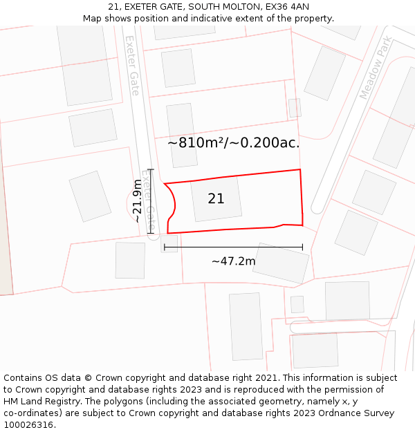 21, EXETER GATE, SOUTH MOLTON, EX36 4AN: Plot and title map