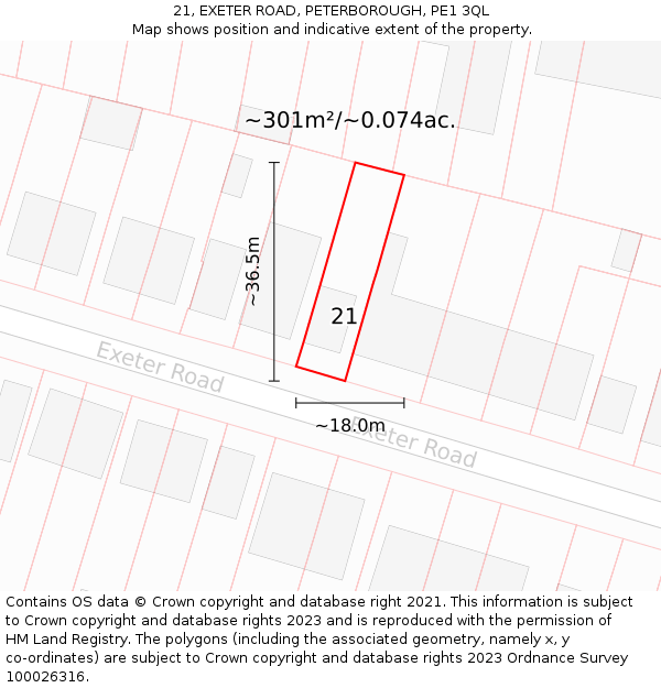 21, EXETER ROAD, PETERBOROUGH, PE1 3QL: Plot and title map