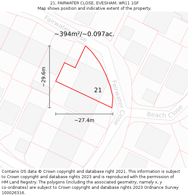21, FAIRWATER CLOSE, EVESHAM, WR11 1GF: Plot and title map