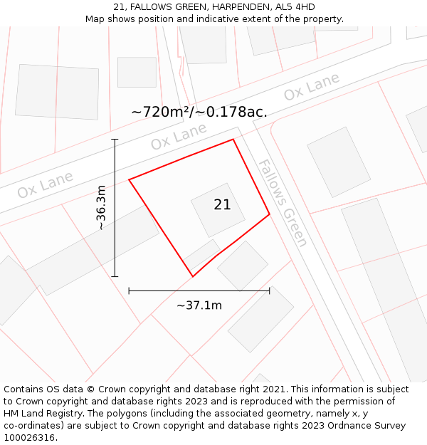 21, FALLOWS GREEN, HARPENDEN, AL5 4HD: Plot and title map