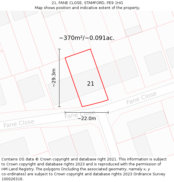 21, FANE CLOSE, STAMFORD, PE9 1HG: Plot and title map
