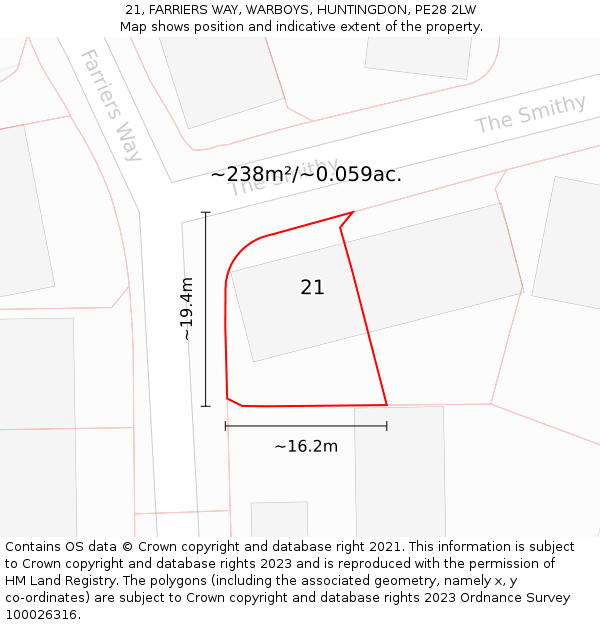 21, FARRIERS WAY, WARBOYS, HUNTINGDON, PE28 2LW: Plot and title map