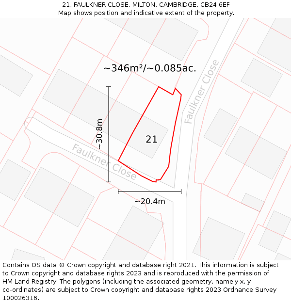 21, FAULKNER CLOSE, MILTON, CAMBRIDGE, CB24 6EF: Plot and title map