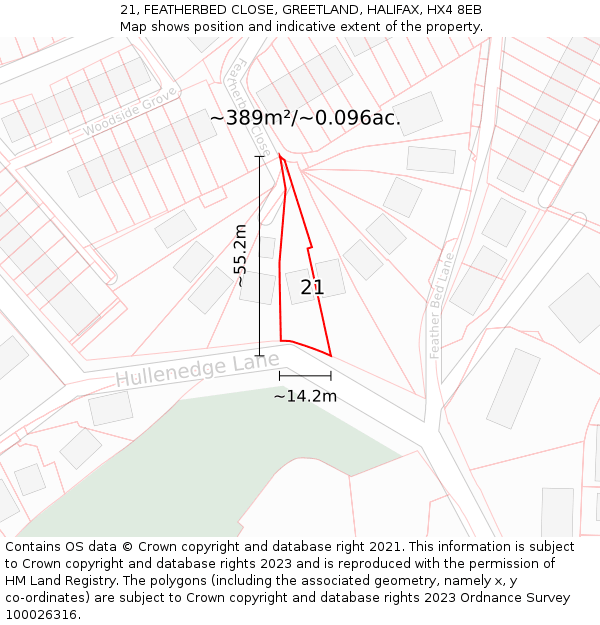 21, FEATHERBED CLOSE, GREETLAND, HALIFAX, HX4 8EB: Plot and title map