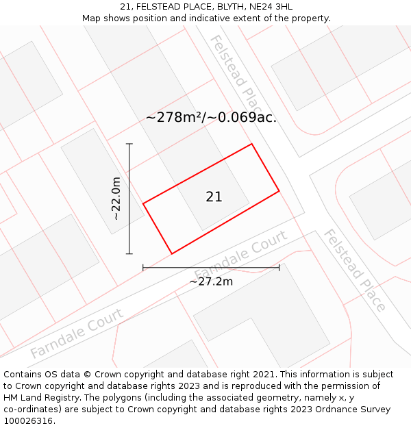 21, FELSTEAD PLACE, BLYTH, NE24 3HL: Plot and title map