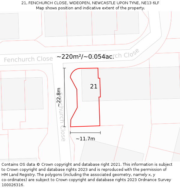 21, FENCHURCH CLOSE, WIDEOPEN, NEWCASTLE UPON TYNE, NE13 6LF: Plot and title map