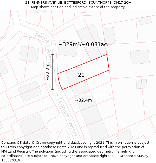21, FENNERS AVENUE, BOTTESFORD, SCUNTHORPE, DN17 2GH: Plot and title map