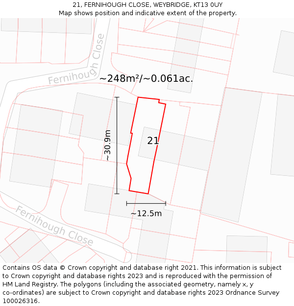 21, FERNIHOUGH CLOSE, WEYBRIDGE, KT13 0UY: Plot and title map