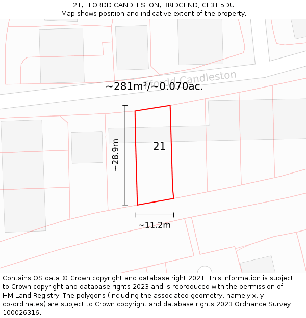 21, FFORDD CANDLESTON, BRIDGEND, CF31 5DU: Plot and title map