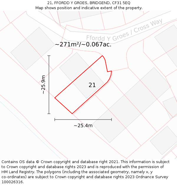 21, FFORDD Y GROES, BRIDGEND, CF31 5EQ: Plot and title map