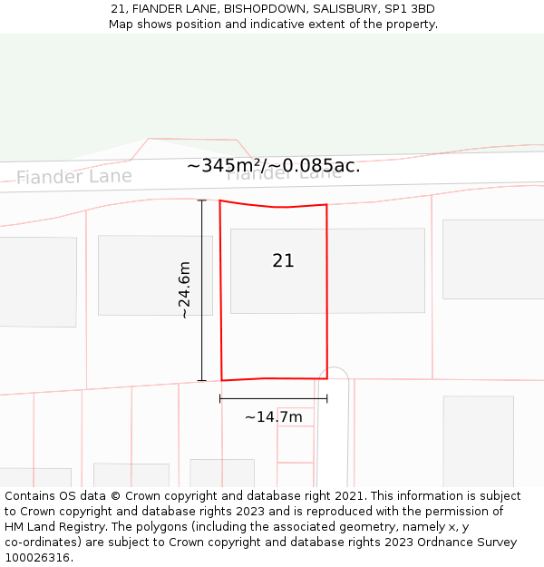 21, FIANDER LANE, BISHOPDOWN, SALISBURY, SP1 3BD: Plot and title map