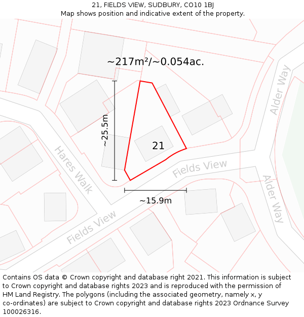 21, FIELDS VIEW, SUDBURY, CO10 1BJ: Plot and title map