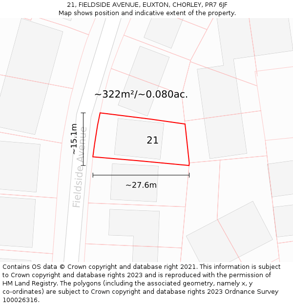 21, FIELDSIDE AVENUE, EUXTON, CHORLEY, PR7 6JF: Plot and title map