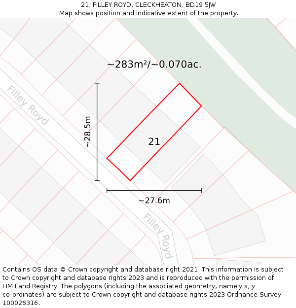 21, FILLEY ROYD, CLECKHEATON, BD19 5JW: Plot and title map