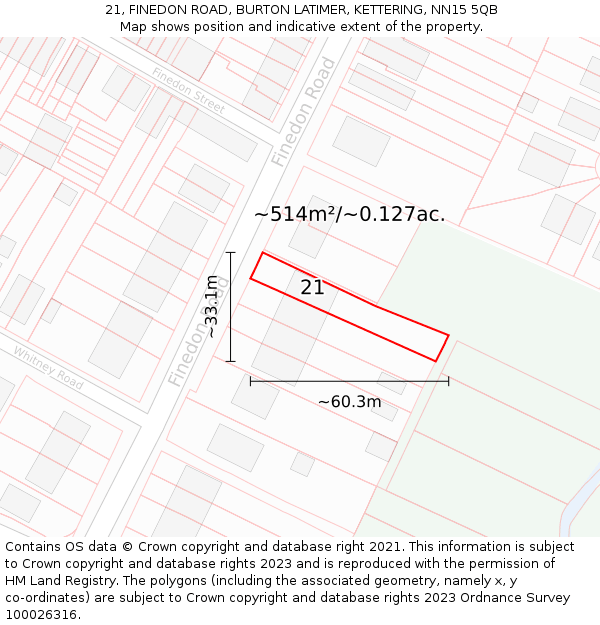 21, FINEDON ROAD, BURTON LATIMER, KETTERING, NN15 5QB: Plot and title map