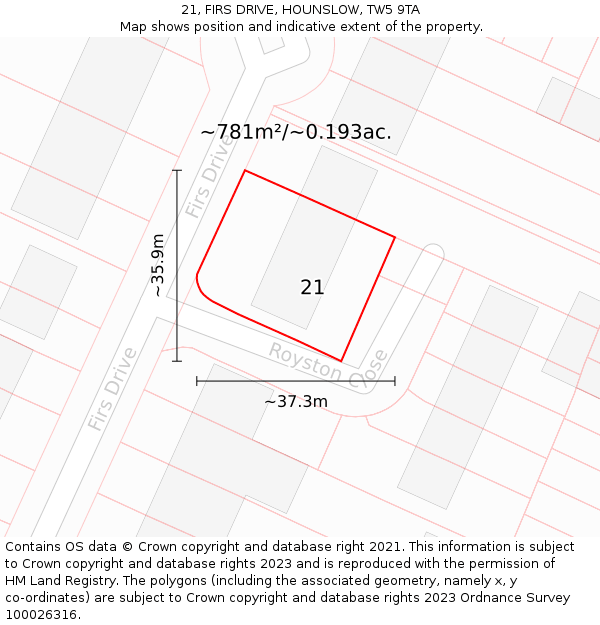 21, FIRS DRIVE, HOUNSLOW, TW5 9TA: Plot and title map
