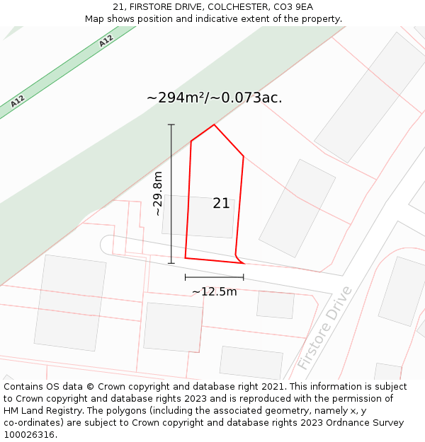 21, FIRSTORE DRIVE, COLCHESTER, CO3 9EA: Plot and title map