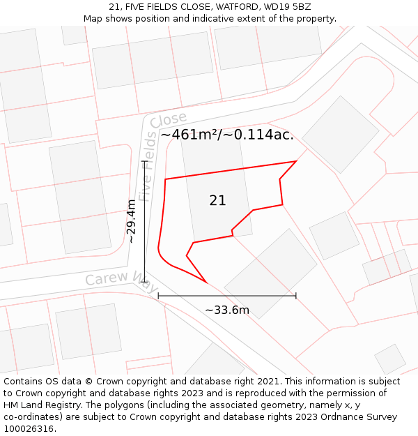 21, FIVE FIELDS CLOSE, WATFORD, WD19 5BZ: Plot and title map