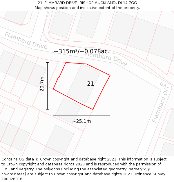 21, FLAMBARD DRIVE, BISHOP AUCKLAND, DL14 7GG: Plot and title map